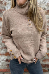 Solid Color High Collar Button Loose Long Sleeve Knitted Sweater