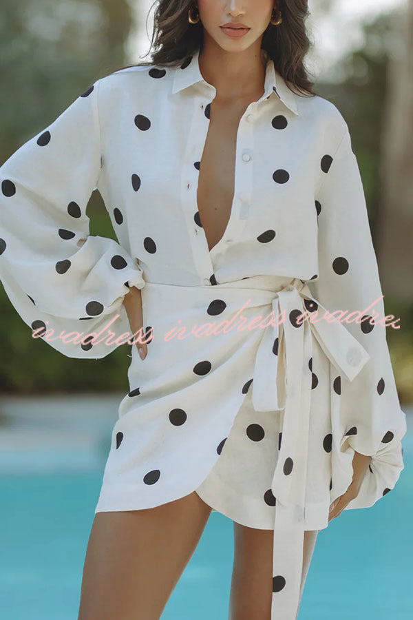 Effortlessly Linen Blend Polka Dot Balloon Sleeve Blouse and Wrap Tie-up Loose Mini Skirt Set
