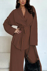 Solid Color Collared Long-sleeved Tie-wst Loose Top and Elastic Wst Casual Wide-leg Pants Set