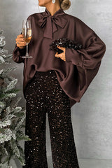 Chic and Merry Satin Bow Neck Batwing Sleeve Loose-fitting Blouse