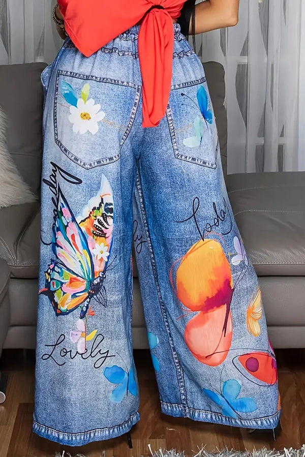 Butterfly Print Casual Elastic Waist Pocket Faux Denim Straight-Leg Pants
