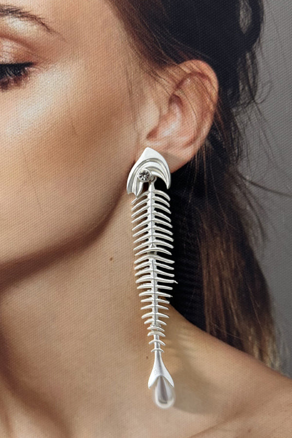 Personalized Fishbone Diamond Pearl Pendant Earrings