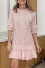 Fashion Loose Round Neck Long Sleeve Knitted Splicing Mini Dress