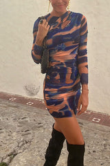 Ximena Watercolor Tie Dye Print Ruched Long Sleeve Stretch Mini Dress