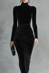 Solid Color Velvet Slim-fit Long-sleeved Elegant Pleated Midi Dress