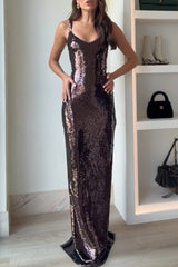 Dazzling Like Flowing Water Sequin V-neck Back Zipper Slit Maxi Dress