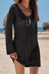 Solid Color Knit Hollow V-Neck Tie Long Sleeve Cover Up Mini Dress