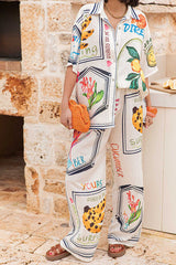 Summer Plant Fruit Print Casual Short Sleeve Shirt and Elastic Waist Loose Wide Leg Pants Set