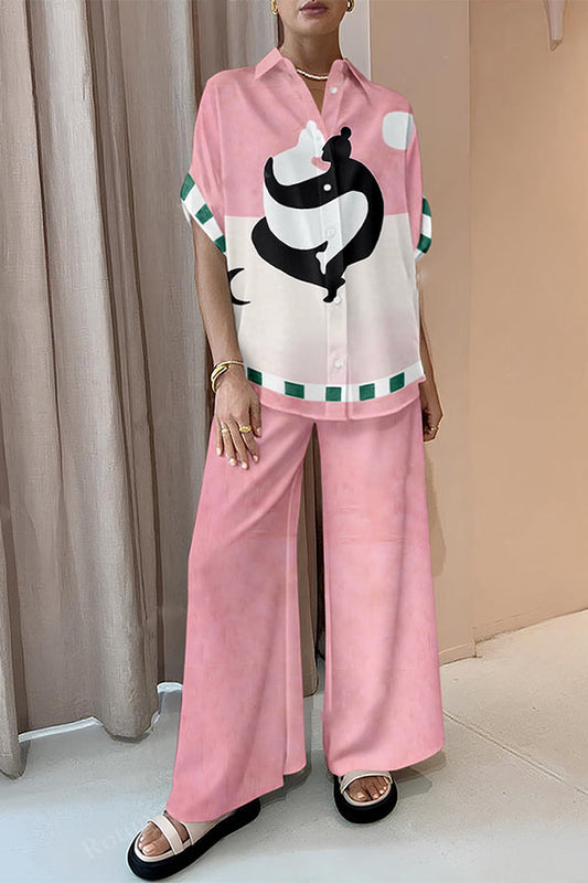 Art Embrace Print Oversized Blouse and Elastic Waist Pocketed Pants Set