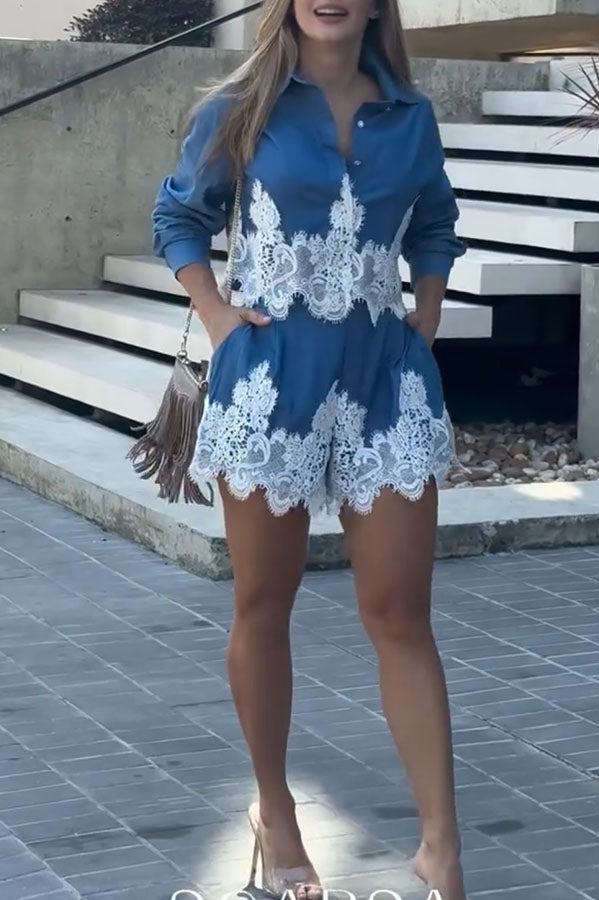 Nasha Denim Lace Trim Button Long Sleeve Shirt and High Rise Pocket Wide Leg Shorts Set