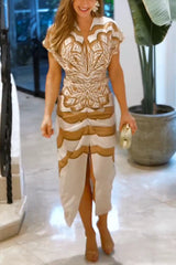 Feona Satin Unique Print V-neck Wide Sleeve Ruched Waist Slit Midi Dress