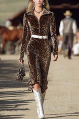 Leopard Print Lapel Long-sleeved Fitted Midi Dress
