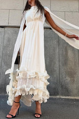 Fashionable V-neck Lace-up Ruffled Double-layer Hem Maxi Dress