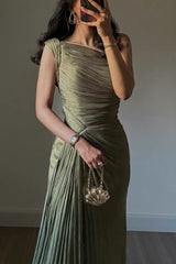 Fashion One-shoulder Pleated Ribbon Slim Slit Maxi Dress