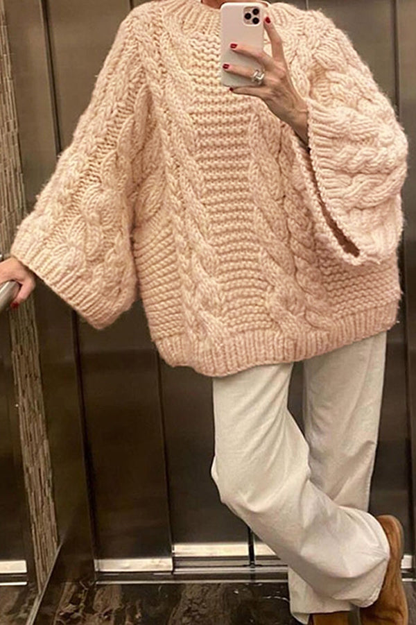 Solid Color Loose Round Neck Long Sleeve Casual Knitted Sweater