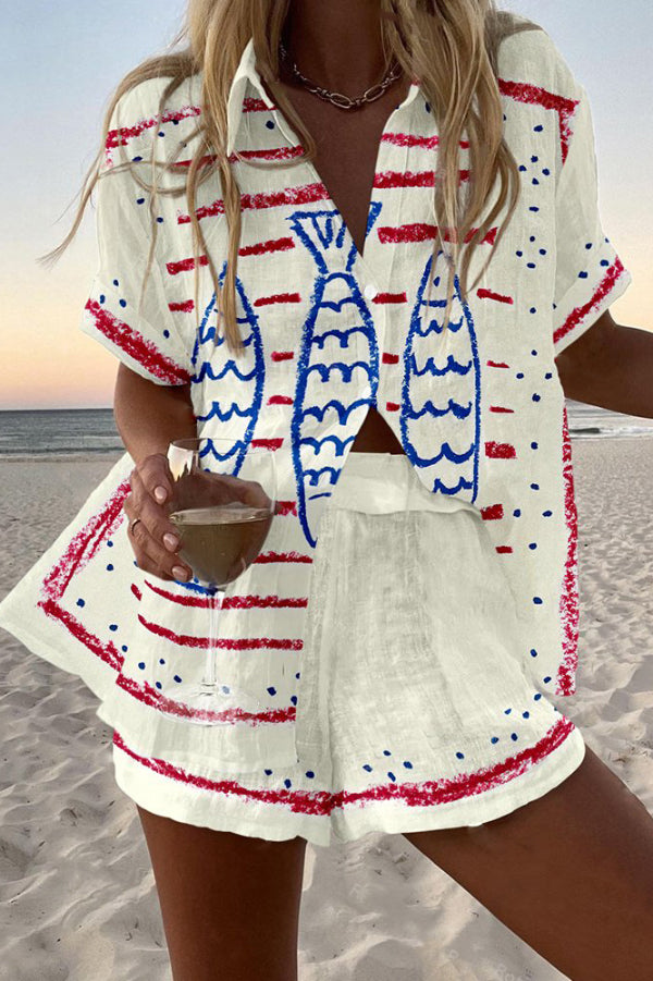 Sardine Crayon Print Loose Button Elastic Waist Shorts Set