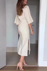 Solid Color V-neck Half-sleeve Casual Waist-tied Midi Dress