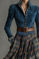 Fashionable Faux Denim Suede Patchwork Long-sleeved Casual Maxi Dress