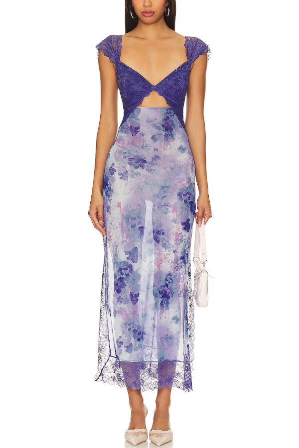 Floral Print Lace Patchwork Hollow-out Slim-fit Midi Dress