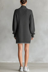 Fashionable Loose-fitting Long-sleeved Collared Zip-up Casual Knitted Mini Dress