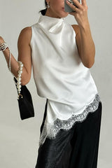 Nayla Satin Lace Trim High Neck Irregular Slit Hem Sleeveless Top