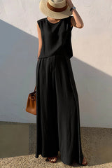 Linen Blend Casual Round Neck Sleeveless Top and Loose Wide-leg Pants Set