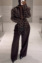 Vintage Plaid Shoulder Pad Buttons Long Sleeve Angled Hem Shirt