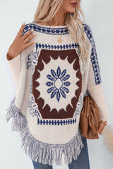 Ethnic Style Loose Long-sleeved Tassel Hem Knitted Sweater