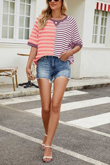 Striped Color Block Print Crew Neck Short Sleeve Loose Top