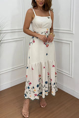 Vanie Linen Blend  Floral Print Cutout Waist Back Smocked Slit Maxi Dress