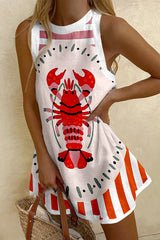 Watercolor Lobster Print Sleeveless Resort Mini Dress