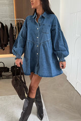 Fashion Heart Button Long Sleeve Casual Pocket Denim Mini Dress