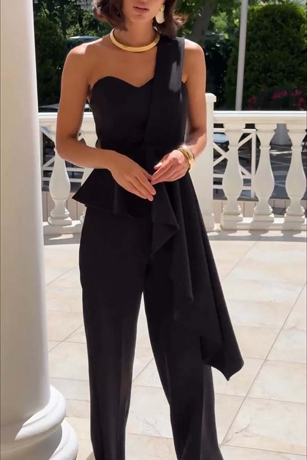 Amena One Shoulder Sweetheart Neck Ruffle Hem Top and Elastic Waist Pocket Wide Leg Pants Set