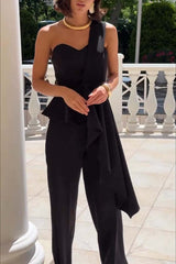 Amena One Shoulder Sweetheart Neck Ruffle Hem Top and Elastic Waist Pocket Wide Leg Pants Set