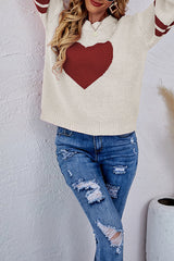 Contrast Color Round Neck Pullover Love Heart Knitted Long Sleeved Sweater