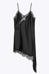 Elouise Satin Lace Trim V-neck Asymmetrical Hem Slip Mini Dress