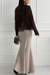 Caitlin Knit Lace Trim Patchwork Long Sleeve Back Slit Relaxed Sweater