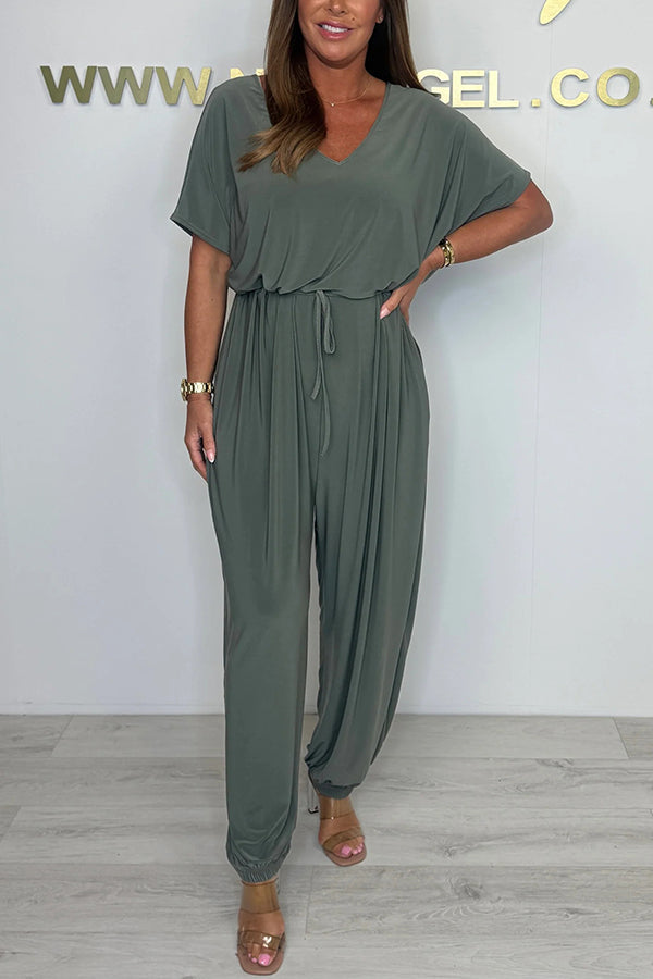 Solid Color V-neck Short-sleeved Waist-tied Loose Casual Jumpsuit