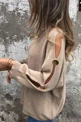Solid Color Round Neck Hollow Long Sleeve Loose Knitted Sweater