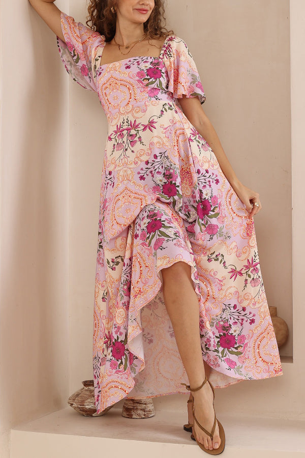 Plant Print Short-sleeved Square Neck Casual Pocket Holiday Midi Dress