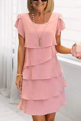 Solid Color Round Neck Short Sleeve Casual Multi-Layered Mini Dress