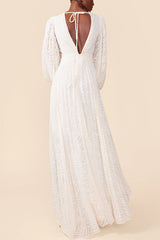 Wedding Guests Pleated Textured Chiffon Fabric Balloon Sleeve Open Back Maxi Dress