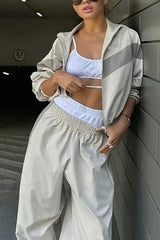 Fashionable Contrasting Long-sleeved Loose Coat and Elastic Waist Wide-leg Pants Set