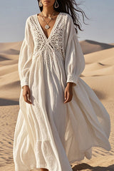 Linen Blend Hollow Stitching V-neck Loose Midi Dress