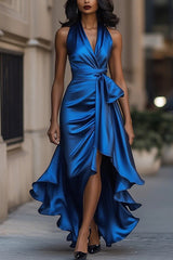 Solid Color Satin V-neck Sleeveless Elegant Ruffle Maxi Dress