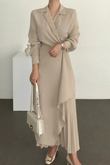 Elegant Long-sleeved Lapel Waisted Pleated Maxi Dress