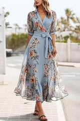 Floral Print V-neck Short-sleeved Bow Waist Midi Dress