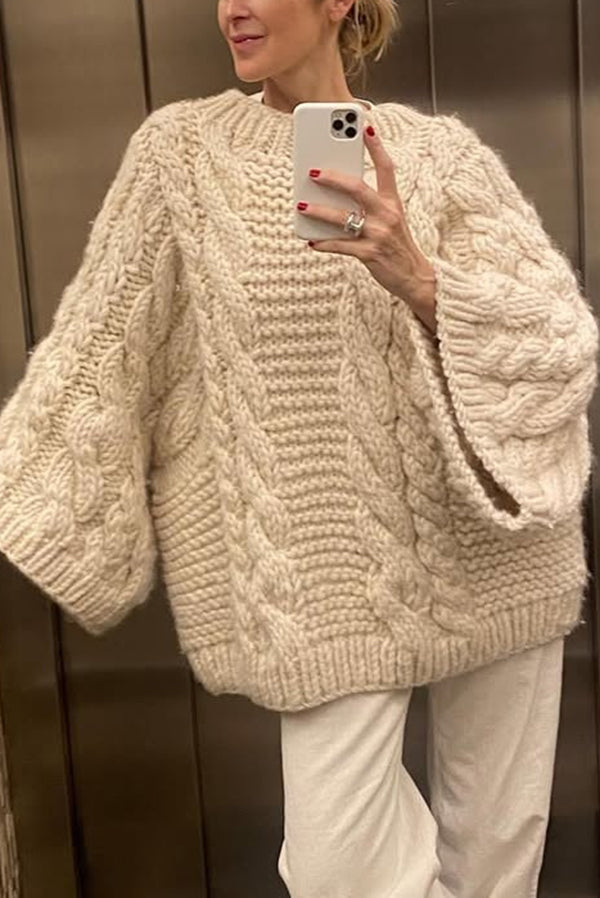 Solid Color Loose Round Neck Long Sleeve Casual Knitted Sweater