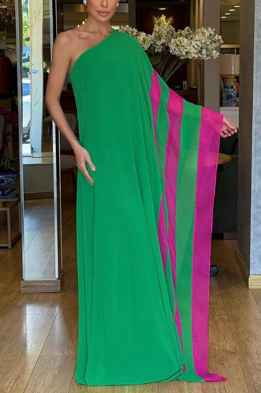 Fashionable Vacation Chiffon Color-blocked One Shoulder Loose Maxi Dress