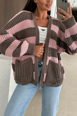 Fashionable Patchwork Striped Casual Pocket Knitted Sweater